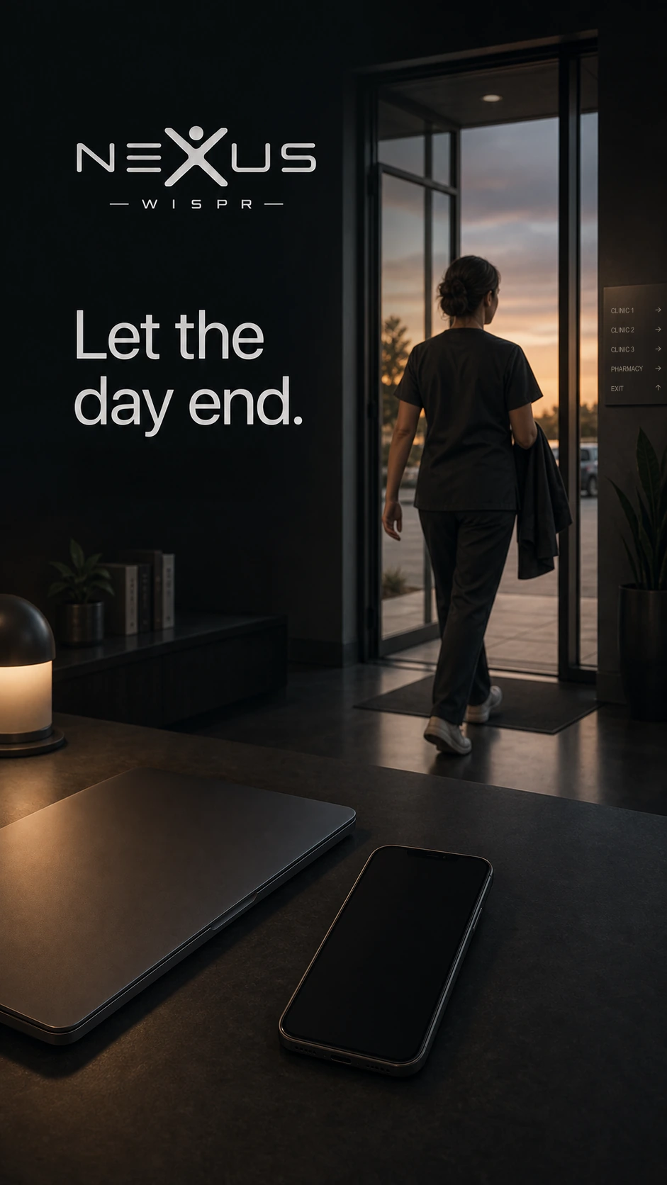 A healthcare professional leaving a clinic at sunset, with a closed laptop and phone on the desk.
