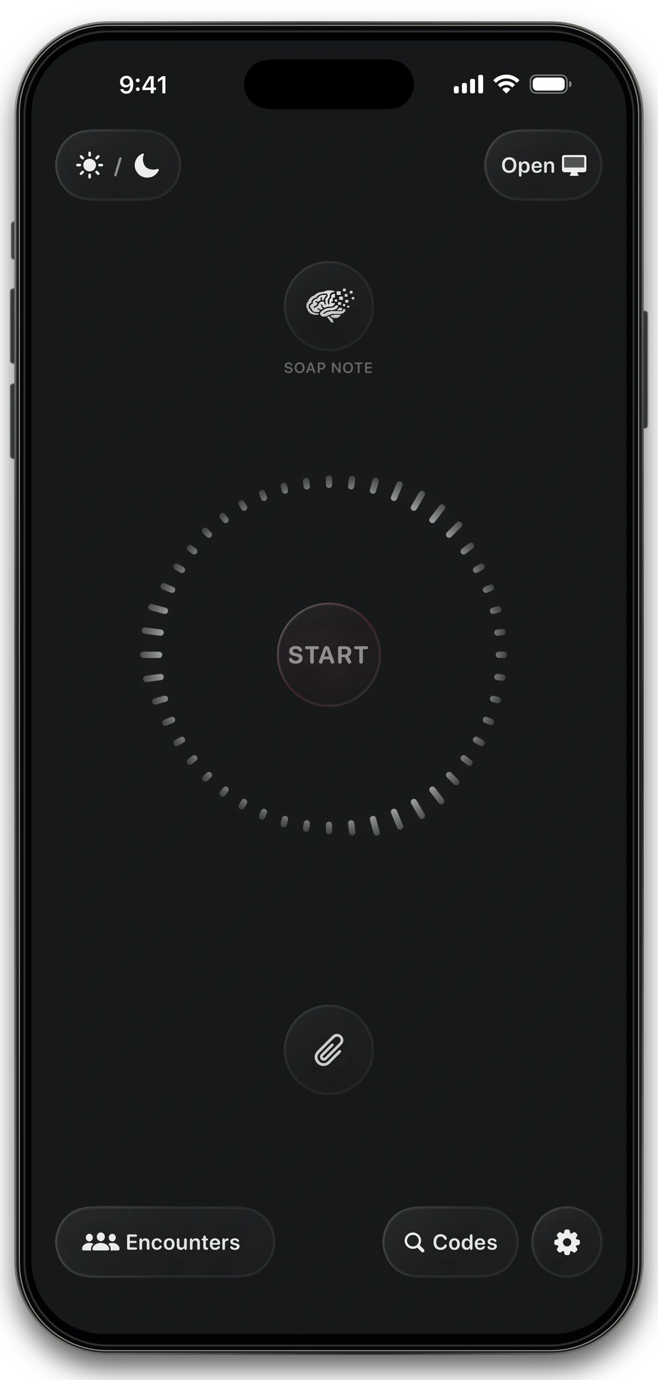 The real Nexus Wispr main screen, with the Start button and a quiet ring of sound bars.