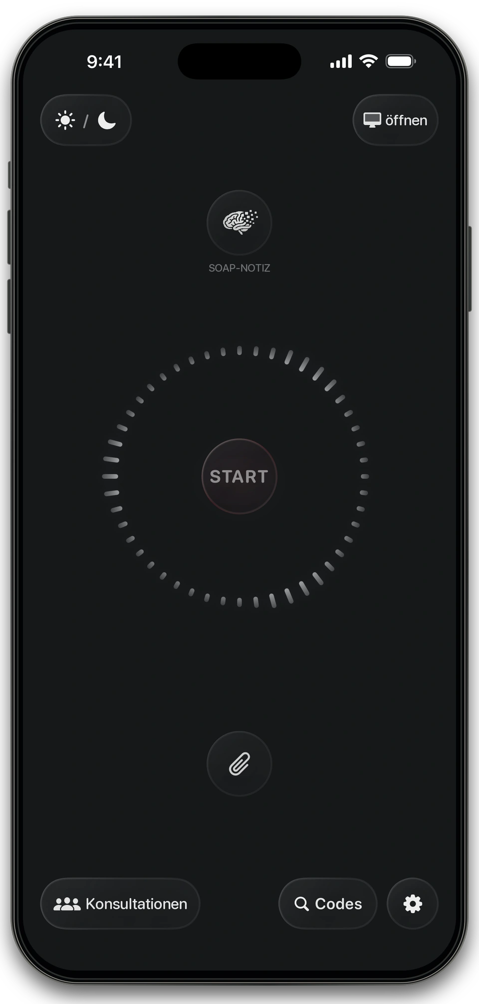 Der Nexus Wispr-Hauptbildschirm mit START-Taste und ruhendem Aufnahmering.