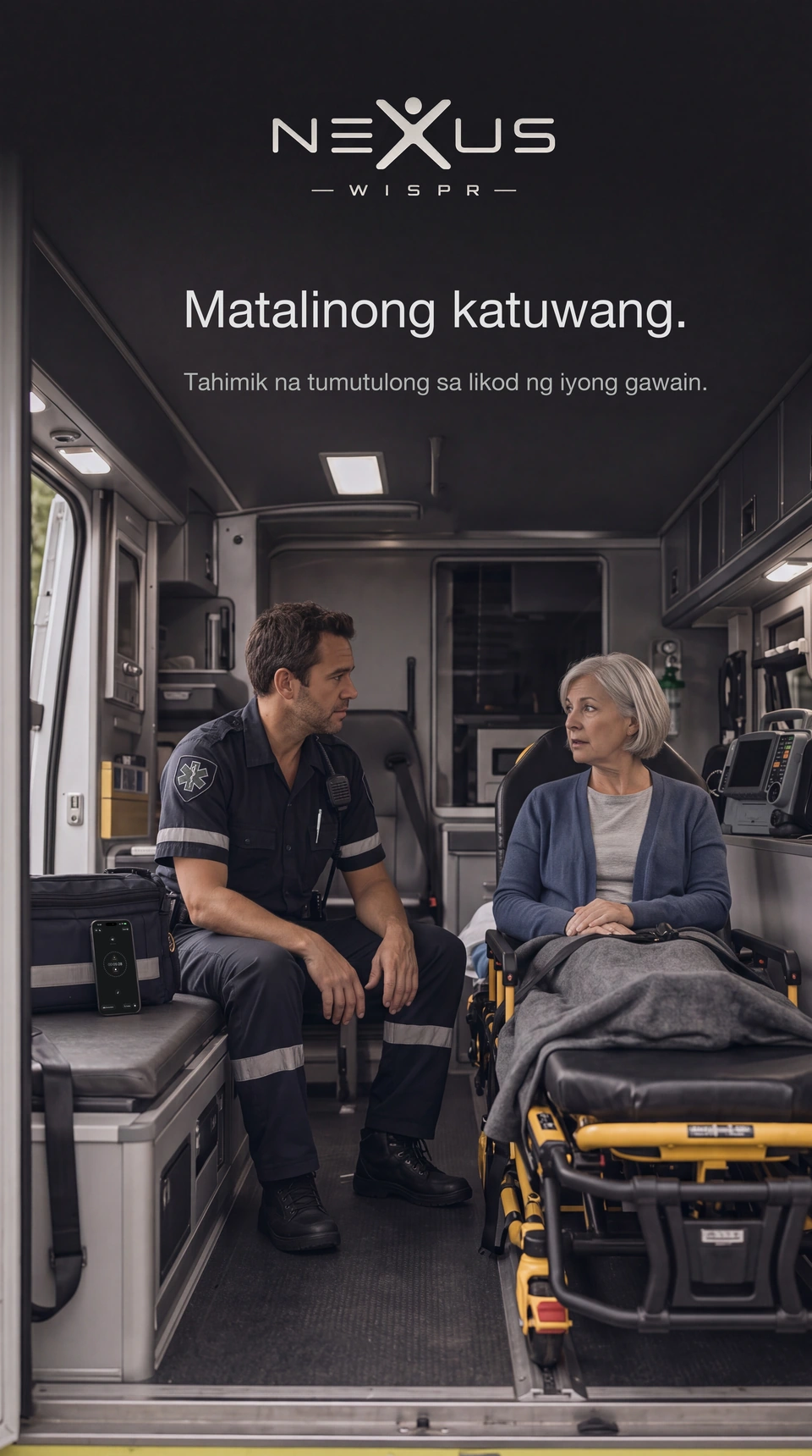 Kausap ng paramedic ang pasyente sa ambulansya, na may Nexus Wispr sa malapit.