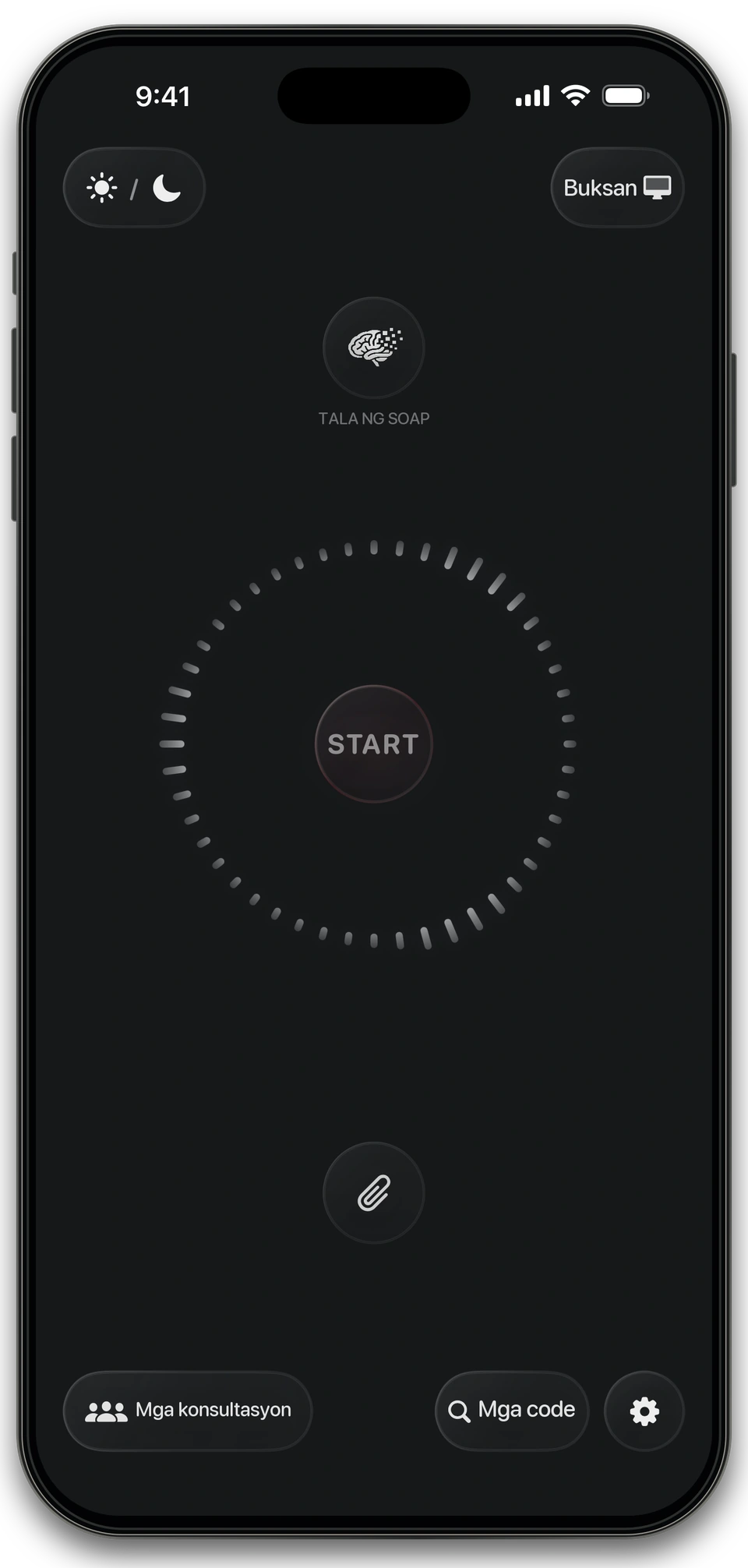 Pangunahing screen ng Nexus Wispr na may START button at nakahintong recording ring.