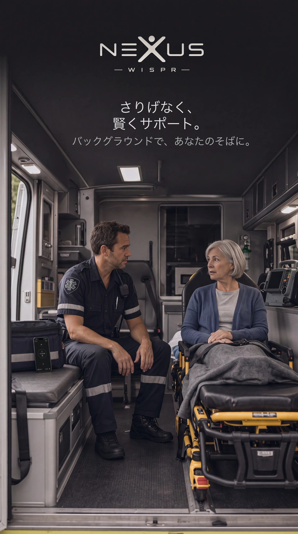 救急車の中で救急隊員が患者と話し、近くにNexus Wisprが置かれています。