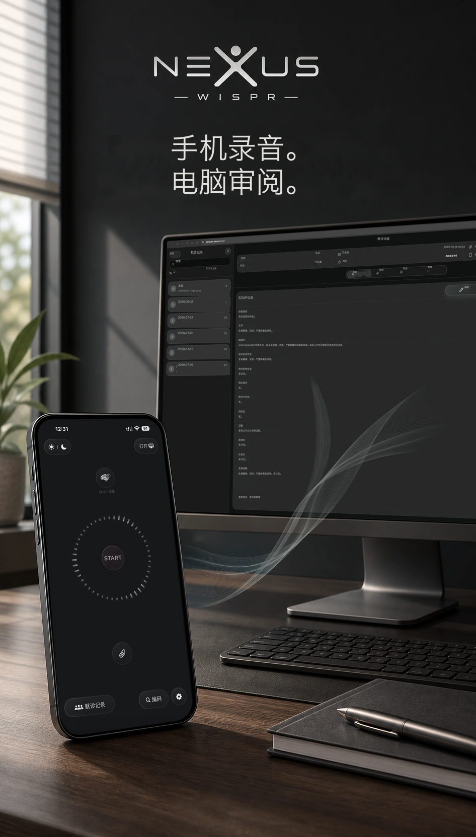 运行 Nexus Wispr 的手机旁,电脑显示结构化临床记录。
