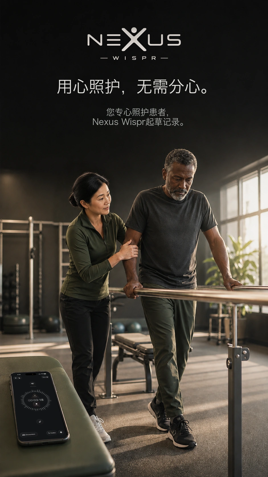 物理治疗师在双杠旁扶助患者,附近的手机正在录音。