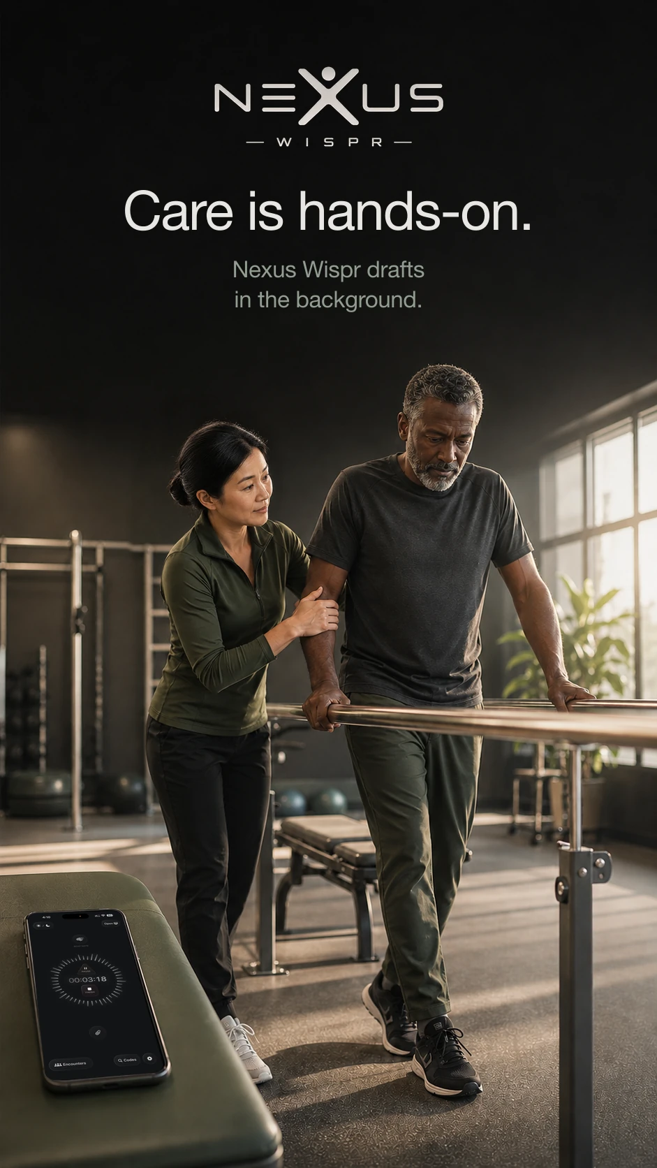 A physiotherapist supporting a patient at parallel bars while a phone records nearby.